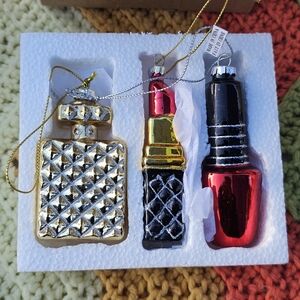 Avon 3pc Glass Christmas Ornaments Cosmetic Lipstick Perfume Nail Polish Makeup